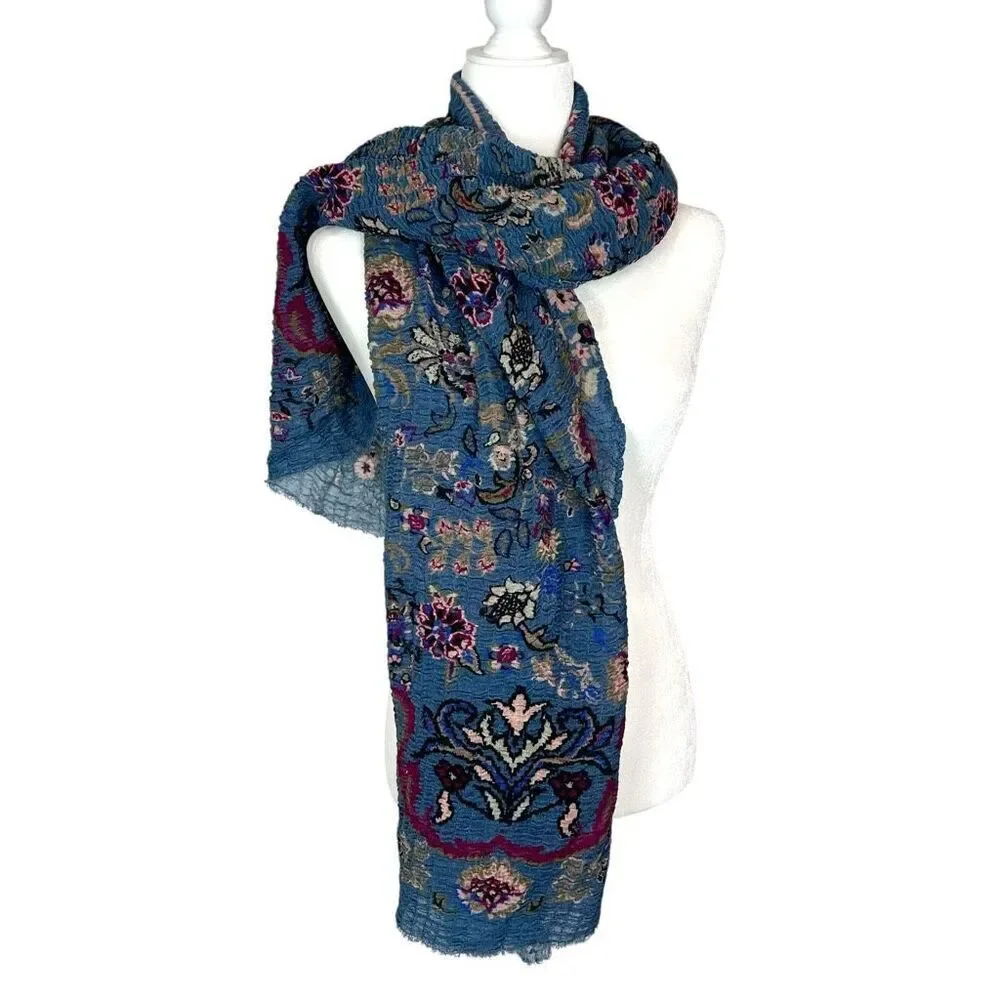 Wrap Scarf Womens One Size Blue Red Wool Blend Floral Print Crinkled Stretch